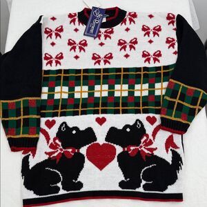 JJ Browne Sweater Wm Medium Ugly Christmas Dog Bow Plaid Sparkle Vintage USA 80s